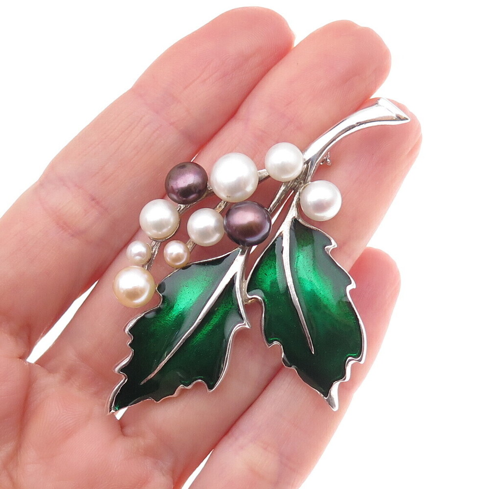 925 Sterling Silver Vintage Enamel Real Multi-Color Pearl Holly Leaf Pin Brooch